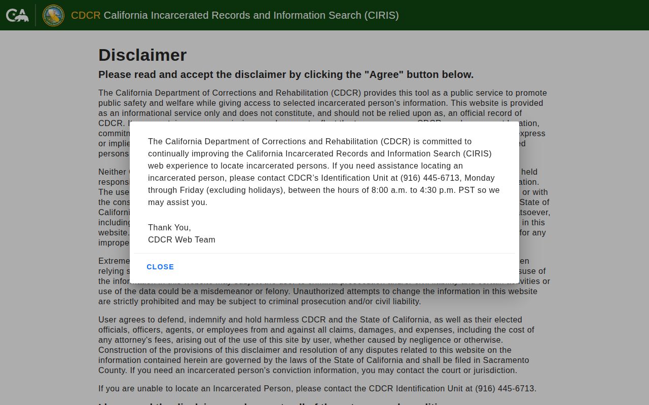 California CDCR incarcerated records search page