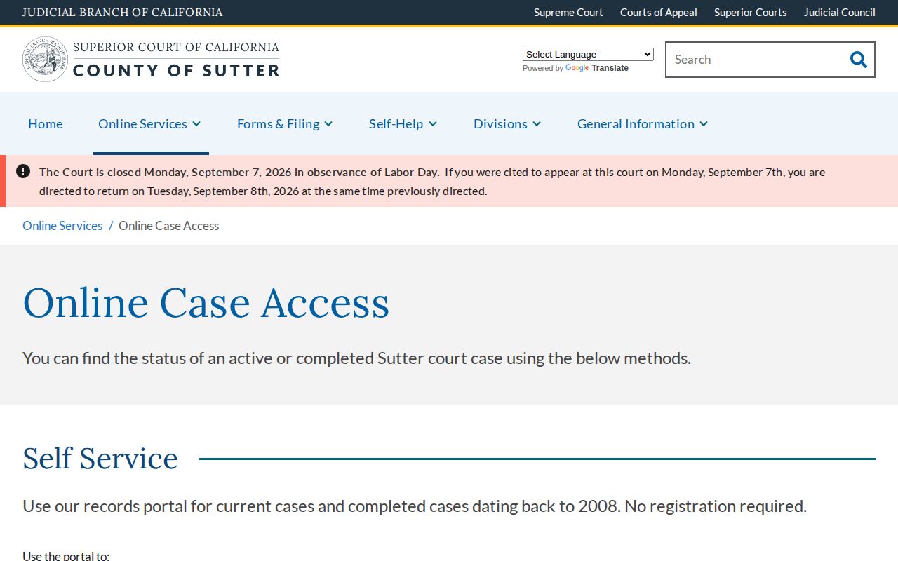 Sutter Superior Court online case access page