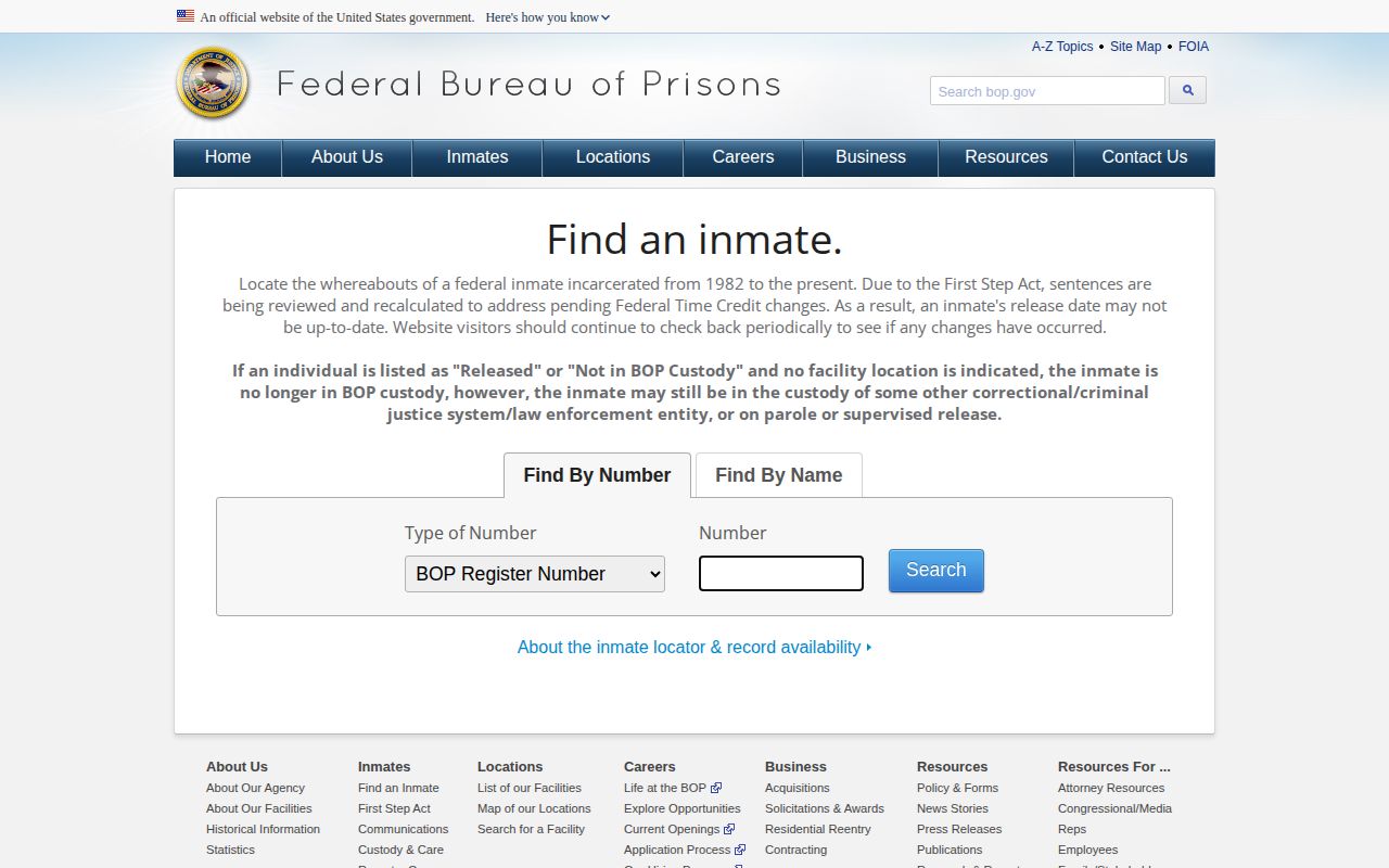 Federal Bureau of Prisons locator for the separate federal custody search