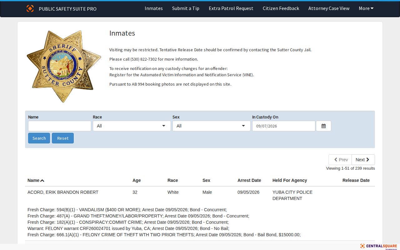 Sutter County Zuercher inmate portal with booking-photo restriction